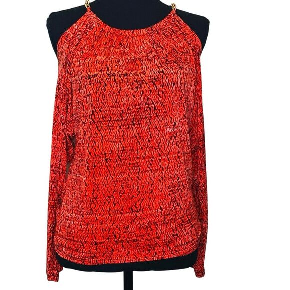 Michael Michael Kors Printed Gold Chain Cold Shoulder Blouse Top Orange Size 2 - Picture 1 of 5